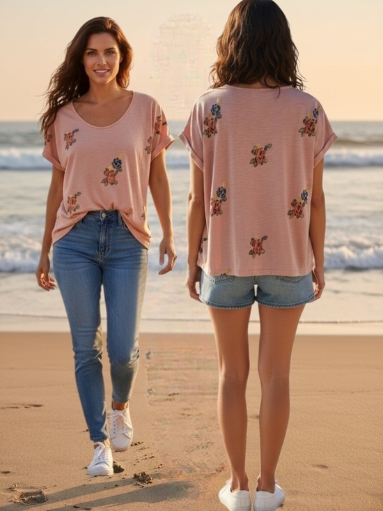 Kindred Tops - Kindred - NWT Apricot Embroidered Floral Ladies Blouse, Short Cuffed Sleeves, 2X
